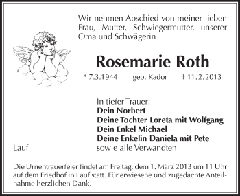 Traueranzeige von Rosemarie Roth von Pegnitz-Zeitung